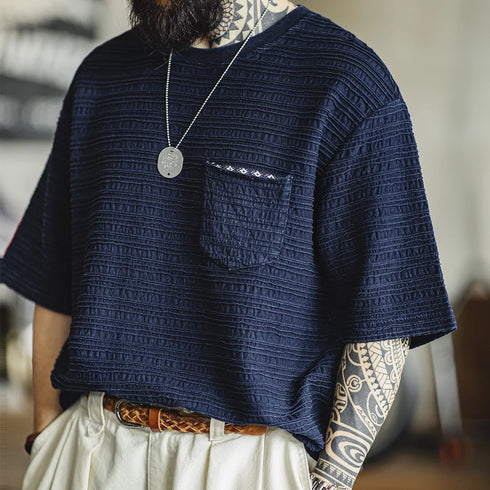 Retro Indigo Jacquard T-Shirt – Men’s Textured Knit Summer Tee
